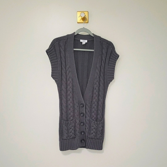 LOFT Women Cable Knit Cardigan Sweater Cap Sleeve Small Gray Pockets Buttons - Picture 1 of 13